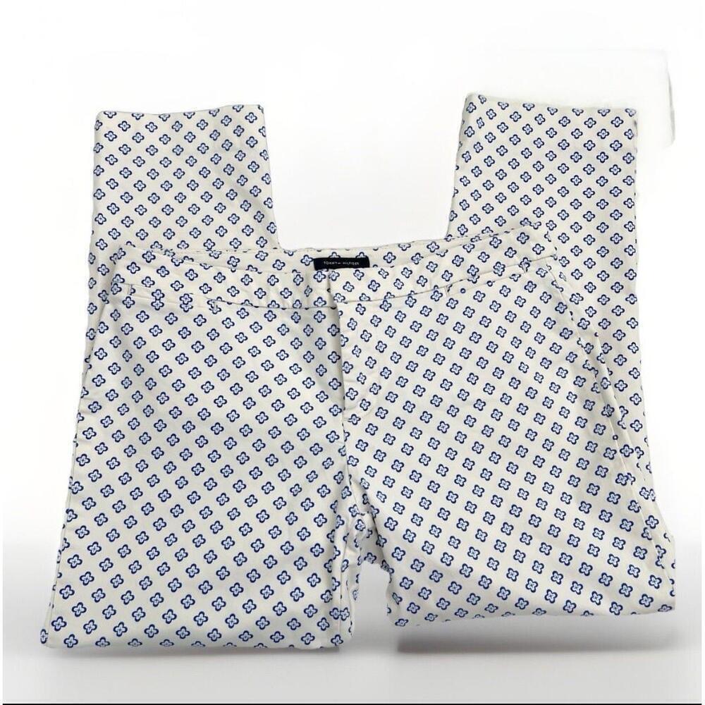 NEW Tommy Hilfiger slim crop Pants size 4 Clover Print Stretch bone White Blue
